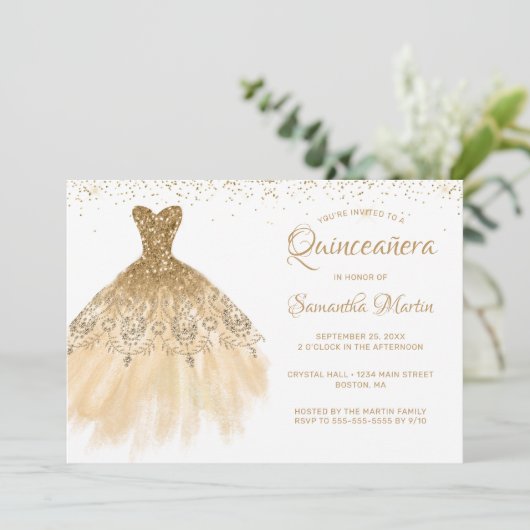キンセアニェラシック金ゴールドドレスグリッターホワイトパーティーイン 招待状 (スタンド正面)
