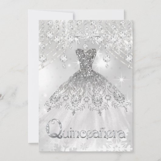キンセアニェラシルバーグリッターガウン誕生日パーティー 招待状 (正面)