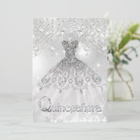 キンセアニェラシルバーグリッターガウン誕生日パーティー 招待状 (スタンド正面)