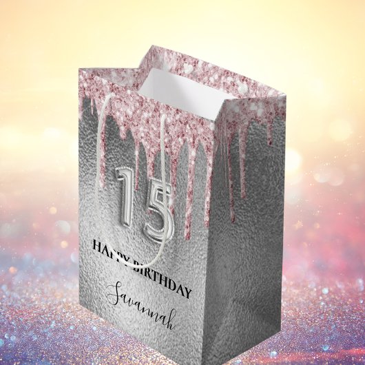 キンセアニェラシルバーグリッタードリップスピンクモノグラム ミディアムペーパーバッグ