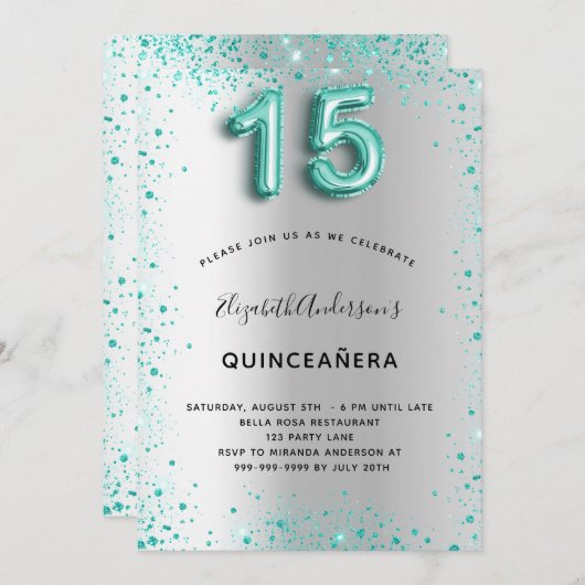 キンセアニェラシルバーティール（緑がかった色）グリッターグラマラス 招待状 (正面/裏面)