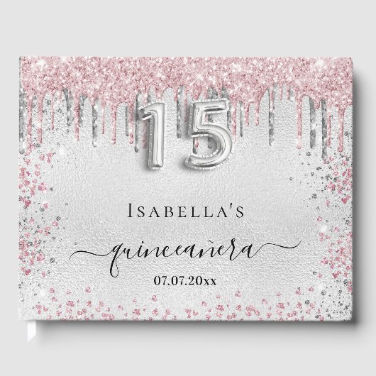 キンセアニェラシルバーピンクグリッターメタルネーム文字 ゲストブック (正面)