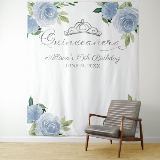 キンセアニェラシルバーフォイルティアラブルーフローラ背景 タペストリー (インサイチュ)