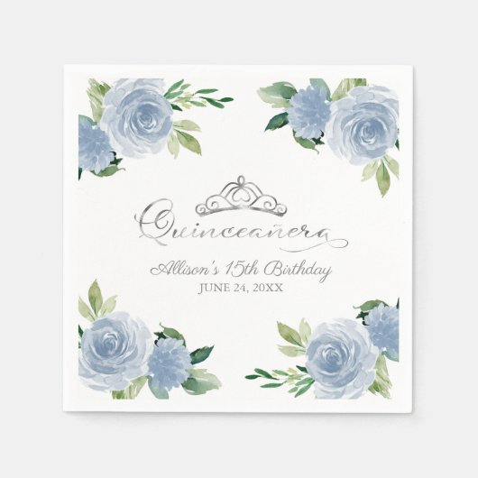 キンセアニェラシルバーフォイルティアラライトブルーフローラ スタンダードカクテルナプキン (正面)