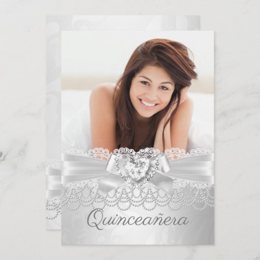 キンセアニェラシルバーホワイトレースダマスクダイヤモンドハート 招待状 (正面/裏面)