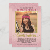キンセアニェラスウィート15誕生日ピンクグリッター写真 招待状 (正面/裏面)