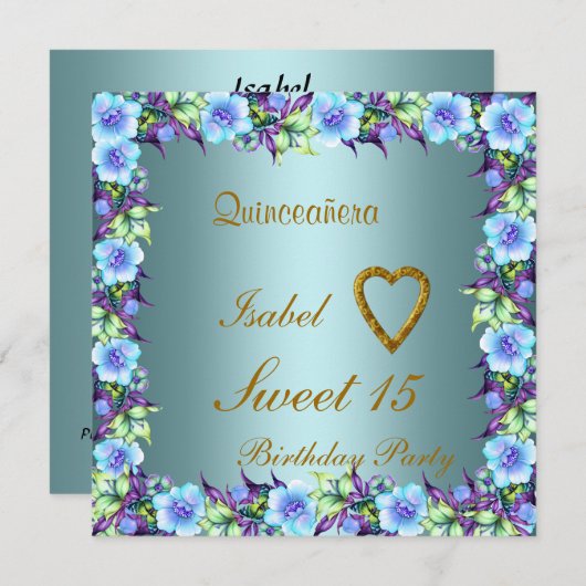 キンセアニェラスウィート15誕生日招待状ティール（緑がかった色） 招待状 (正面/裏面)