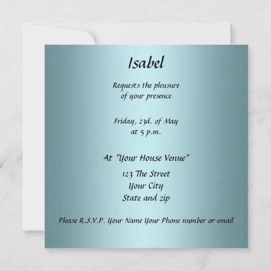 キンセアニェラスウィート15誕生日招待状ティール（緑がかった色） 招待状 (裏面)
