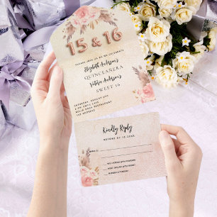 キンセアニェラスウィート16パンパバラピンク花模様RSVP オールインワン招待状