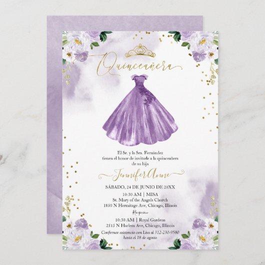 キンセアニェラスペインの招待状パープルフローラドレス 招待状 (正面/裏面)