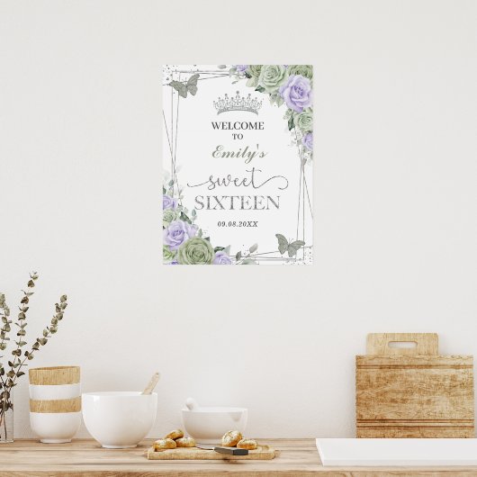 キンセアニェラセージグリーンパープルフローラウェルカムサイン ポスター (キッチン)