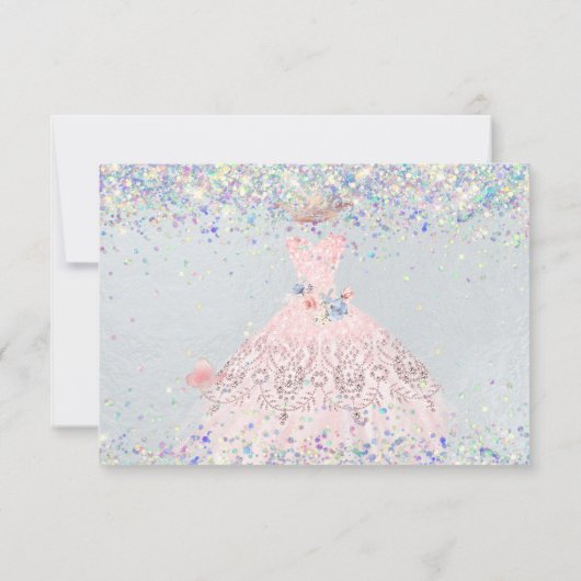 キンセアニェラセーブザデート赤面ピンクグリッターガウン 招待状 (裏面)