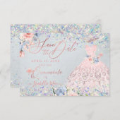 キンセアニェラセーブザデート赤面ピンクグリッターガウン 招待状 (正面/裏面)