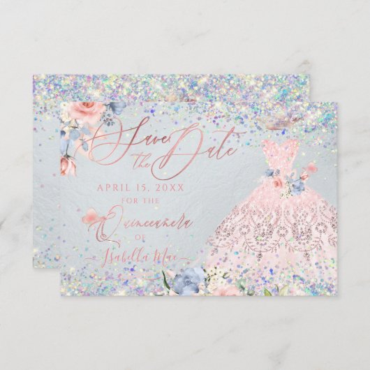 キンセアニェラセーブザデート赤面ピンクグリッターガウン 招待状 (正面/裏面)