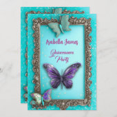キンセアニェラターコイズパープル蝶の誕生日 招待状 (正面/裏面)