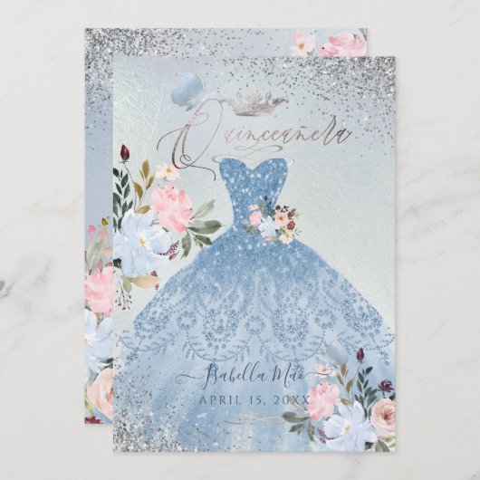 キンセアニェラダスティブルーグリッターガウン蝶 招待状 (正面/裏面)