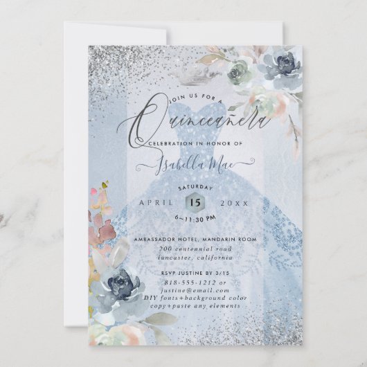 キンセアニェラダスティブルーシルバーグリッターガウンバラ 招待状 (裏面)