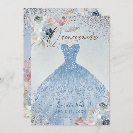 キンセアニェラダスティブルーシルバーグリッターガウンバラ 招待状 (正面/裏面)