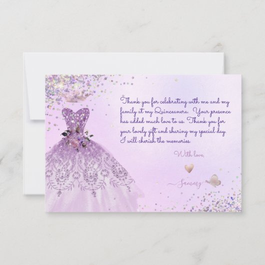 キンセアニェラダスティ薄紫パープルシルバーグリッターガウン サンキューカード (裏面)