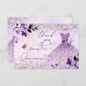 キンセアニェラダスティ薄紫パープルシルバーグリッターガウン サンキューカード (正面/裏面)