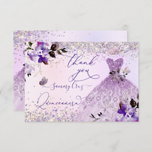 キンセアニェラダスティ薄紫パープルシルバーグリッターガウン サンキューカード (正面/裏面)