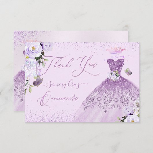キンセアニェラダスティ薄紫パープルシルバーグリッターガウン サンキューカード (正面/裏面)