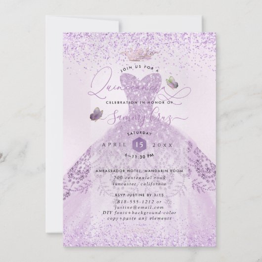 キンセアニェラダスティ薄紫パープルシルバーグリッターガウン 招待状 (裏面)