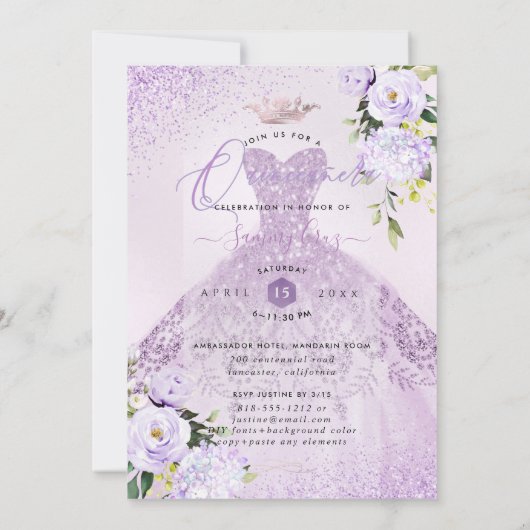 キンセアニェラダスティ薄紫パープルシルバーグリッターガウン 招待状 (裏面)