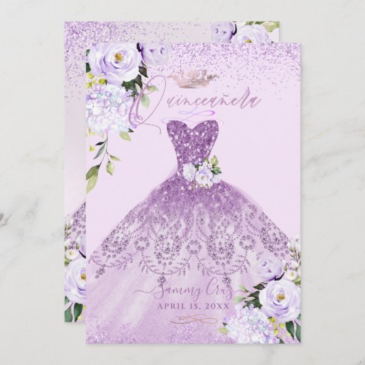 キンセアニェラダスティ薄紫パープルシルバーグリッターガウン 招待状 (正面/裏面)