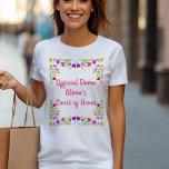 キンセアニェラダマメキシカンフィエスタカスタムフローラ Tシャツ<br><div class="desc">おパーソナライズされた前の玉のキンセアニェラTシャツ。正面の文言は完全に編集可能で、背中に玉の名前を追加することもできもしる。ピンクかわいらしのタイポグラフィは、メキシコのフェスタの花のカラフルフローラデザインで囲まれている。キンセアニェラとの全リハーサルやショッピング旅行の間に甘い15お祝いと名誉の裁判所のための完璧な衣服。(キンセアニェラのTシャツのコーディネートも利用可能)。</div>