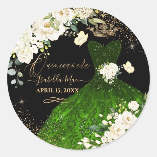 キンセアニェラダークグリーングリッターガウンクリームバラ ラウンドシール (正面)