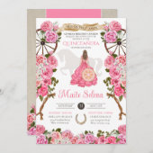 キンセアニェラチャロエレガントピンクローズ誕生日 招待状 (正面/裏面)