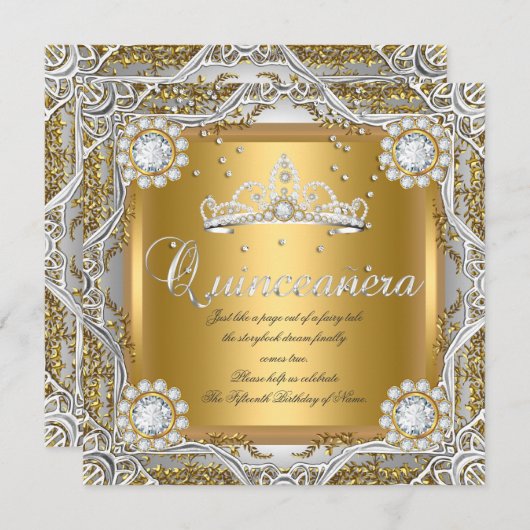 キンセアニェラティアラ金ゴールドシルバーダイヤモンド誕生日 招待状 (正面/裏面)