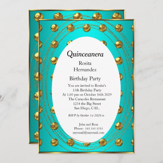 キンセアニェラティール（緑がかった色）グリーン金ゴールドボールバースデーパーティー 招待状 (正面/裏面)