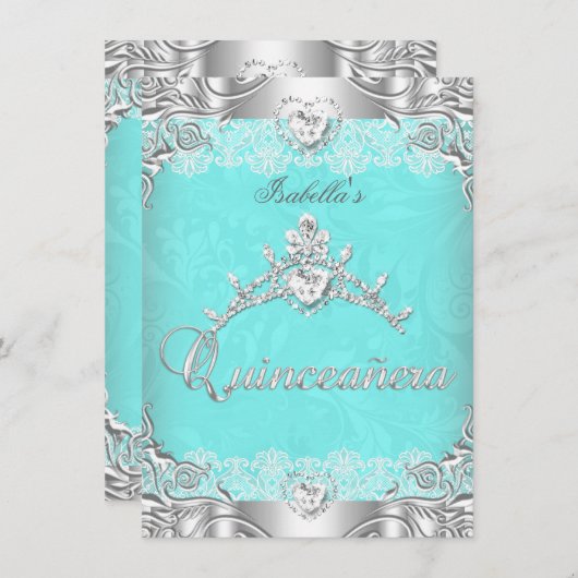 キンセアニェラティール(緑がかった色)シルバーダイヤモンドティアラ15thパーティー 招待状 (正面/裏面)