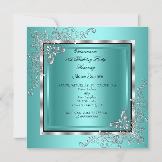 キンセアニェラティール（緑がかった色）ダイアモンドティアラ15誕生日 招待状 (裏面)