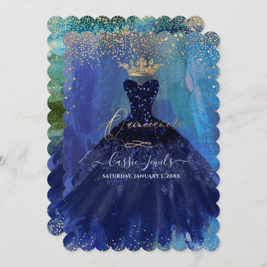 キンセアニェラティール（緑がかった色）ネイビーブルーウォーターカラーガウン 招待状 (正面/裏面)