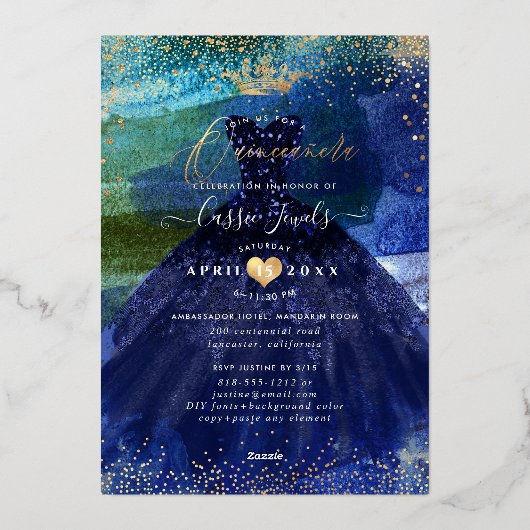 キンセアニェラティール（緑がかった色）ネイビーブルーウォーターカラーガウン 箔招待状 (裏面)