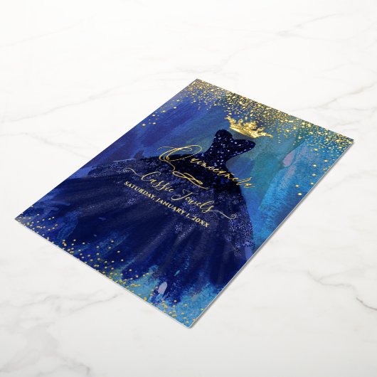 キンセアニェラティール(緑がかった色)ネイビーブルーウォーターカラーガウン 箔招待状 (回転した状態)