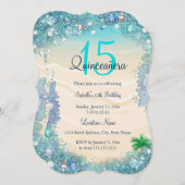 キンセアニェラティール（緑がかった色）ブルーサンド海ビーチ誕生日 招待状 (正面/裏面)