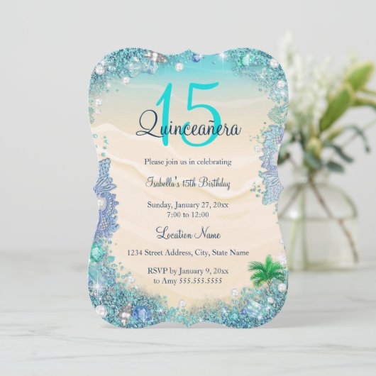 キンセアニェラティール（緑がかった色）ブルーサンド海ビーチ誕生日 招待状 (スタンド正面)