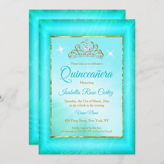 キンセアニェラティール（緑がかった色）ブルーダマスク金ゴールドティアラ写真 招待状 (正面/裏面)