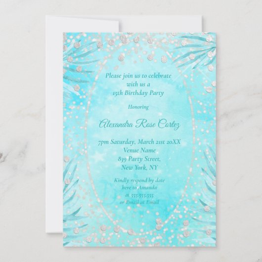 キンセアニェラティール（緑がかった色）ブルーティアラドレスウィンター誕生日 招待状 (裏面)