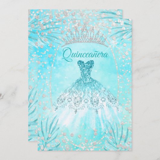 キンセアニェラティール(緑がかった色)ブルーティアラドレスウィンター誕生日 招待状 (正面/裏面)