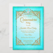 キンセアニェラティール(緑がかった色)ブルーパール写真金ゴールドティアラパーティー 招待状 (正面)
