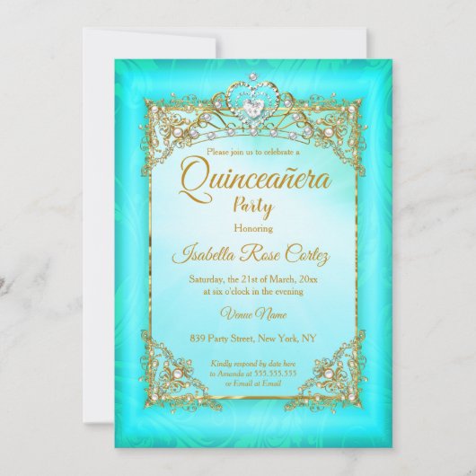 キンセアニェラティール（緑がかった色）ブルーパール写真金ゴールドティアラパーティー 招待状 (正面)