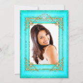 キンセアニェラティール(緑がかった色)ブルーパール写真金ゴールドティアラパーティー 招待状 (裏面)