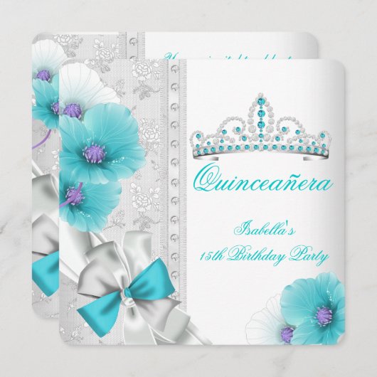 キンセアニェラティール（緑がかった色）ブルーホワイトフローラダイアモンドティアラ 招待状 (正面/裏面)