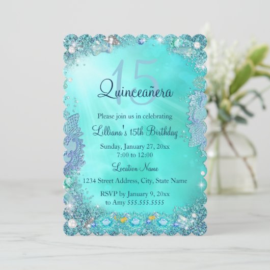 キンセアニェラティール（緑がかった色）ブルー海ジュエルバースデーパーティー 招待状 (スタンド正面)