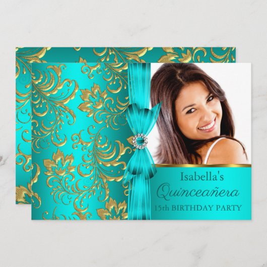 キンセアニェラティール（緑がかった色）ブルー金ゴールドダマスクフローラ写真 招待状 (正面/裏面)
